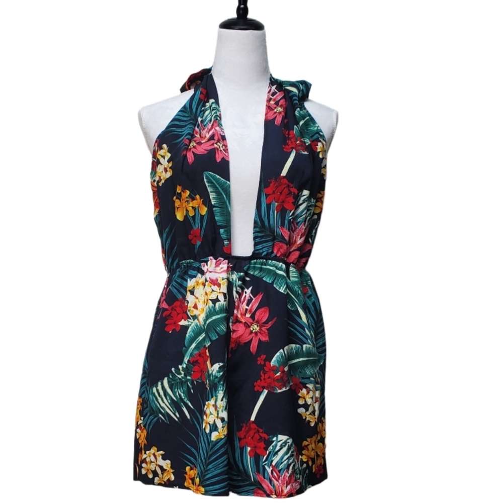 Tropical Romper Plunging Neckline Backless Crisscross Straps Size Large